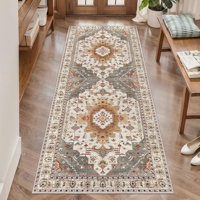 Tangsoo 2x5 Washable Runner Rug for Hallways, Non Slip Vintage Rugs, Soft Low Pile Long Rug Runner, Print Distressed Turmeric Carpet Runners for Kitchen Bedroom Entryway Bathroom Living Room