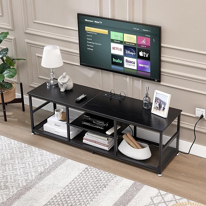 VECELO TV Stand with Power Outlets for Televisions up to 65Inch, 55" Media Entertainment Center with Charging Station 3-Tier Open Storage Shelves with Metal Frame for Living Room/Bedroom，Black