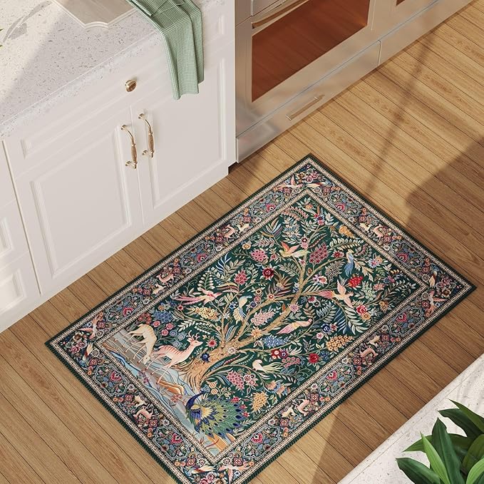 Indoor Door Mat 2x3 Rug Vibrant Tree of Life-Patterned Vintage Machine Washable Small Area Rug Non-Slip Low Pile Throw Rugs for Entryway Kitchen Front Door Entrance Entry Kids Room, Green