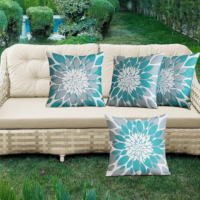 Qahing Pack of 4 Outdoor Waterproof Pillow Covers 20x20 Decorative Outdoor Throw Pillows Garden Square Cushion Cases for Patio Furniture, Couch, Tent Sunbrella, Bench, Teal Turquoise Grey