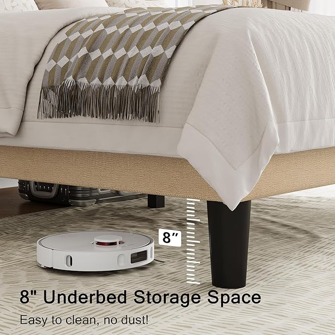 Full Size Upholstered Bed Frame with Wingback Headboard, Fabric Linen Platform Bed, 8" Under Bed Storage, Wooden and Metal Slats Support, No Box Spring Needed, Noise Free, Beige