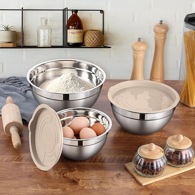 LIANYU Mixing Bowls with Airtight Lids Sets, 3 Packs Stainless Steel Metal Mixing Bowls, Ideal for Prepping, Cooking, Storage, Serving, Freezer & Dishwasher Safe, Khaki