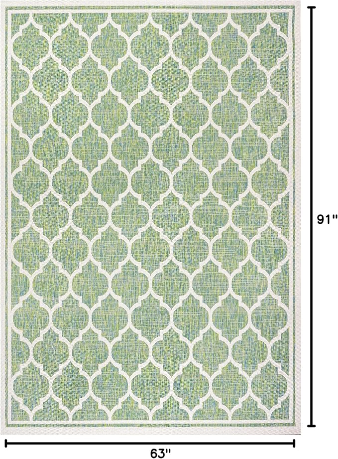 Eyely BMS109I-5 Santa Monica Trebol Moroccan Trellis Textured Weave Indoor/Outdoor Area Rug Coastal;Bohemian, Bedroom, Backyard, Patio, Easy-Cleaning, Non-Shedding, 5 X 8, Cream/Green