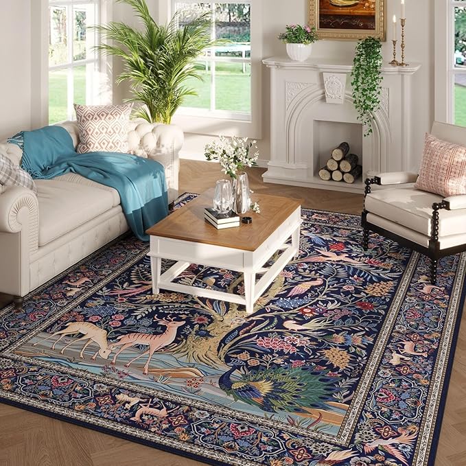 Area Rugs 5x7 Vibrant Tree of Life-Patterned Vintage Washable Area Rug Non Slip Low Pile Large Rugs for Living Room Bedroom Farmhouse Dining Room Kids Playroom, Blue