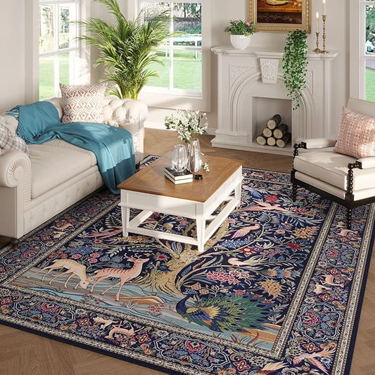 Area Rugs 5x7 Vibrant Tree of Life-Patterned Vintage Washable Area Rug Non Slip Low Pile Large Rugs for Living Room Bedroom Farmhouse Dining Room Kids Playroom, Blue