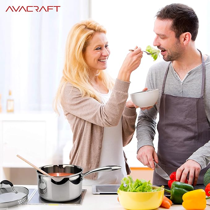 AVACRAFT Tri-Ply Stainless Steel Saucepan with Glass Strainer Lid, Two Side Spouts, Multipurpose Sauce Pan with Lid, Sauce Pot, Cooking Pot (Tri-Ply Full Body, 3.5 Quart)