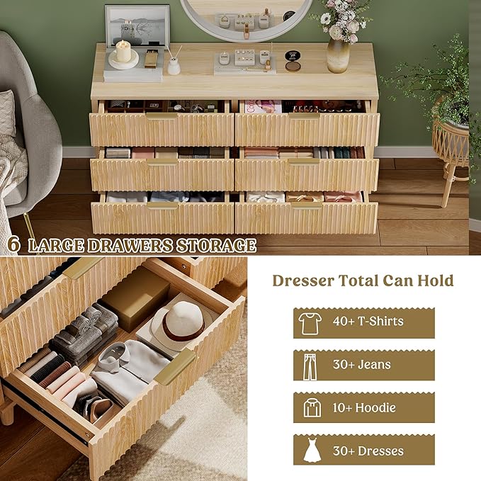 Lulive Dresser for Bedroom Wood Dressers Chest of Drawers, Fluted 53.2" Wide Modern Long Dresser TV Stand 6 Drawers for Bedroom, Closet, Living Room, Hallway (Natural)