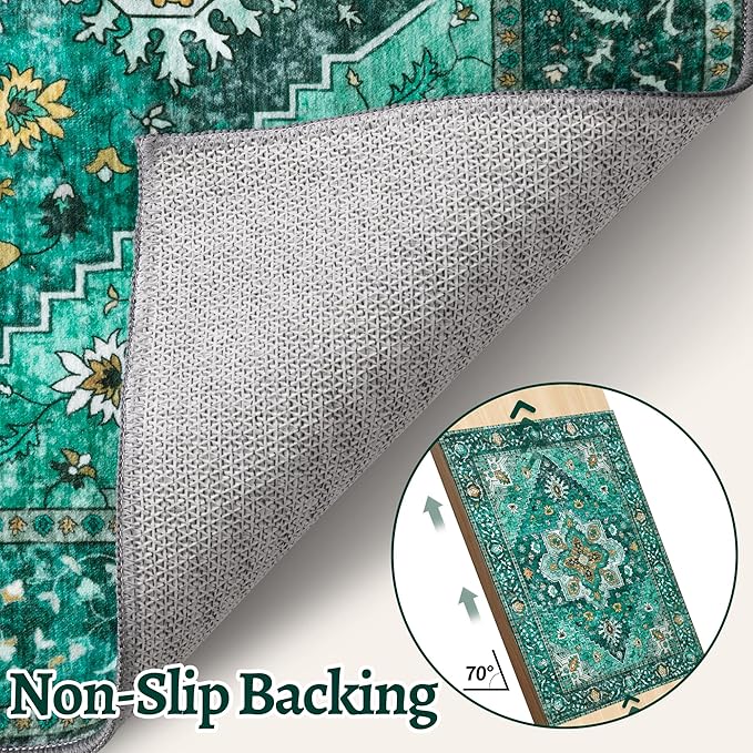 Tangsoo 2.6x8 Washable Runner Rug for Hallways, Non Slip Vintage, Soft Low Pile Long Rug Runner, Print Distressed Emerald Carpet Runners for Kitchen Bedroom Entryway Bathroom Living Room