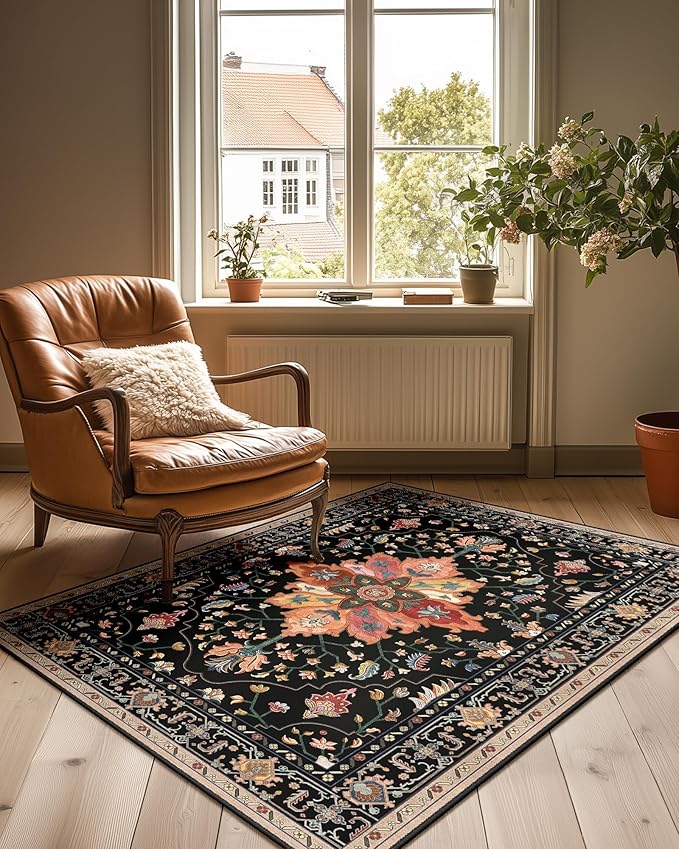 Area Rugs 2'x4' Washable Non-Slip, Floral Vintage Distress Print Pattern Medallion Carpet for Living Room Bedroom Dining Room, Black Colorful Floral Dark Tan