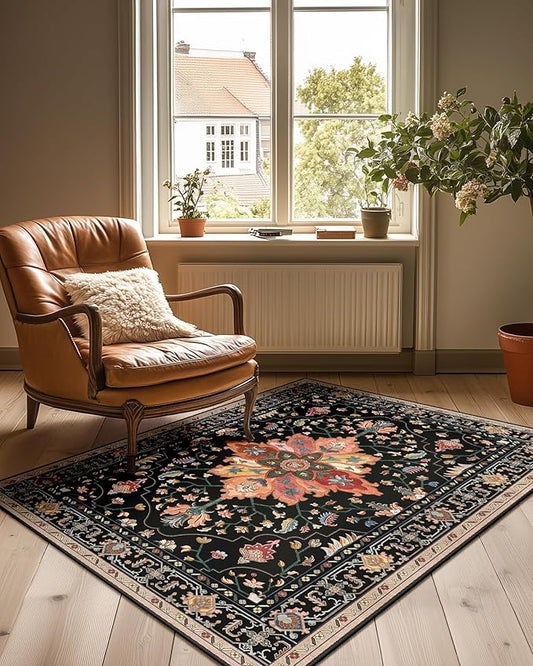 Area Rugs 2'x4' Washable Non-Slip, Floral Vintage Distress Print Pattern Medallion Carpet for Living Room Bedroom Dining Room, Black Colorful Floral Dark Tan