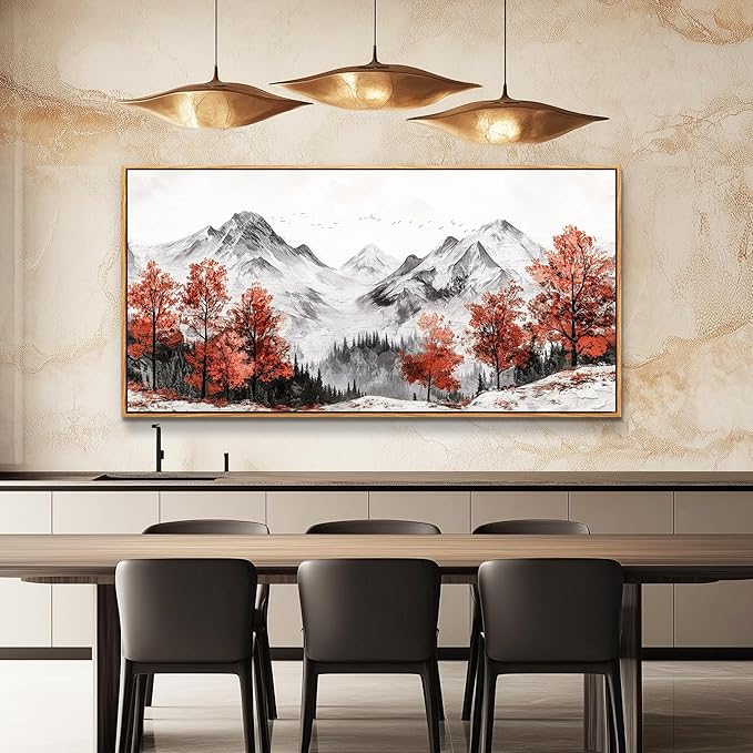 PHAOHUAXM Large Canva Wall Decor For Living Room Wood Framed Wall Art For Bedroom Office Murals Red Tree Ink-Wash Mountain Landscape Painting Pictures Modern Restaurant Room Home Decoration 30"X60"