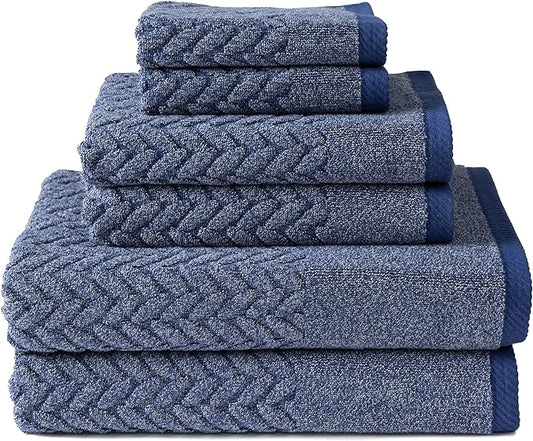 Texere 100% Organic Cotton Jacquard 650 GSM Premium Bath Towel Sets - Extra Absorbent Quick Dry and Plush, 2 Large Bath Towels, 2 Hand Towels, 2 Washcloths (Cable, Estate Blue, 6 Piece)
