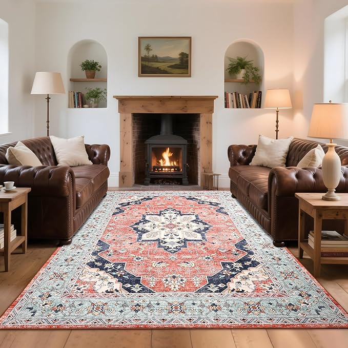 8x10 Area Rug for Living Room, Modern Washable Rug Non Slip Low Pile Large Area Rugs for Living Room, Bedroom, Farmhouse, Dining Room, Red&Blue