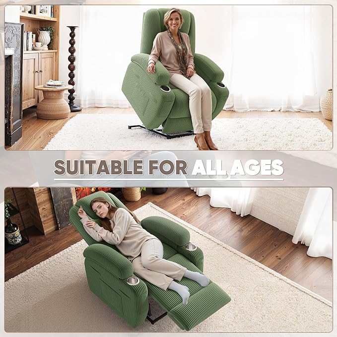 Power Lift Recliner Chair with Massage Electric Lift Chair for Elderly, Ergonomic Recliner with Cup Holders & Side Pockets, Modern Single Sofa for Living Room (Corduroy, Green)