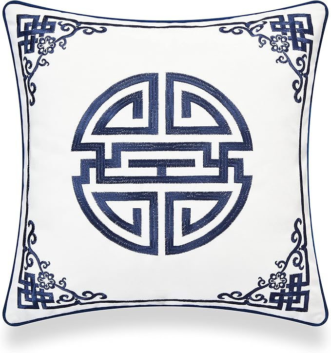 Hofdeco Premium Coastal Hampton Style Patio Indoor Outdoor Throw Pillow Cover Only, 18"x18" Water Resistant for Backyard, Couch, Navy Blue Embroidered Longevity Symbol