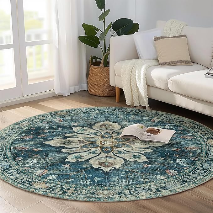 Area Rugs 6ft Washable Non-Slip, Floral Vintage Distress Print Pattern Medallion Carpet for Living Room Bedroom Dining Room, Dark Blue Vintage