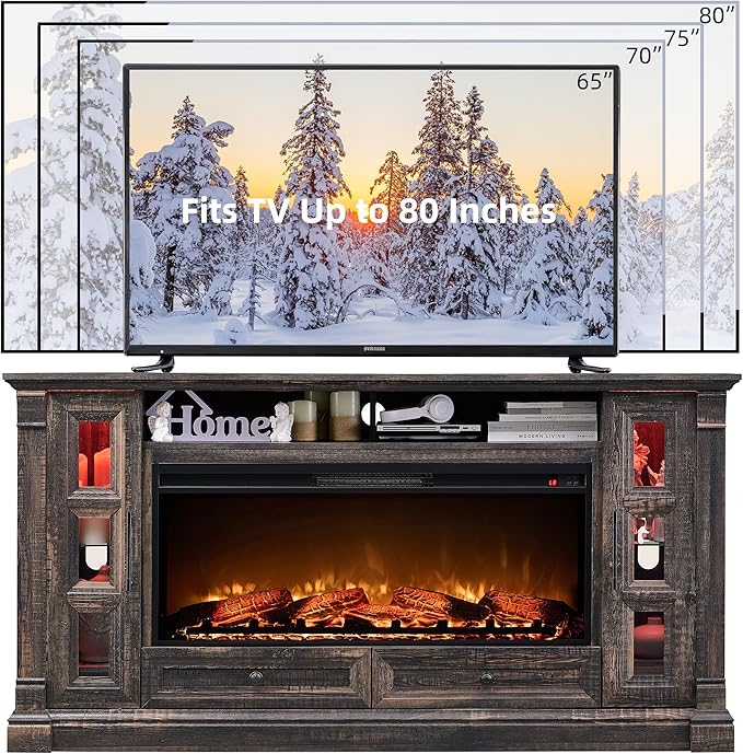 OKD Fireplace TV Stand for up-to-80 TV, Farmhouse 36" Tall Entertainment Center with 42" Electric Fireplace, Media Console with Glass Door Cabinets & Drawers for Living Room, Dark Rustic Oak