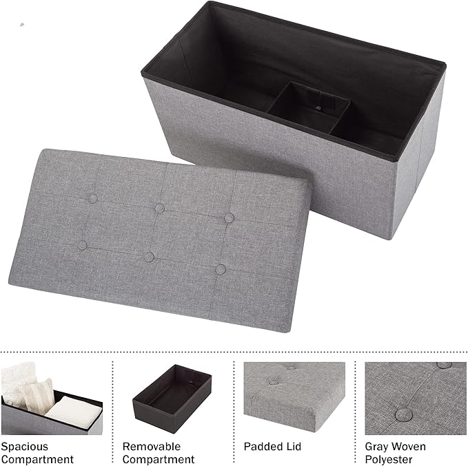 Lavish Home Set of 2 Ottomans - 30-Inch Tufted Footrest, Linen Chest, or Bench Set with Removable Bin for Living Room, Bedroom, or Dorm (Light Gray)