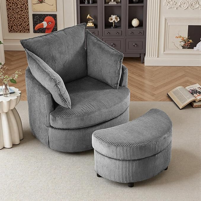 Swivel Accent Chair with Ottoman Comfy Reading Chairs for Bedroom Modern Corduroy Arm Chair 360°Swivel Barrel Chairs for Living Room,Apartment (Dark Grey, 1)