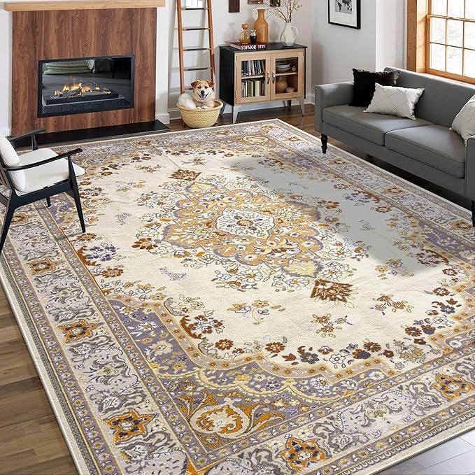 Living Room Rug 6x9 Rug, Machine Washable Area Rug Non Slip Low Pile Rug for Living Room, Bedroom, Farmhouse, Dining Room, Beige