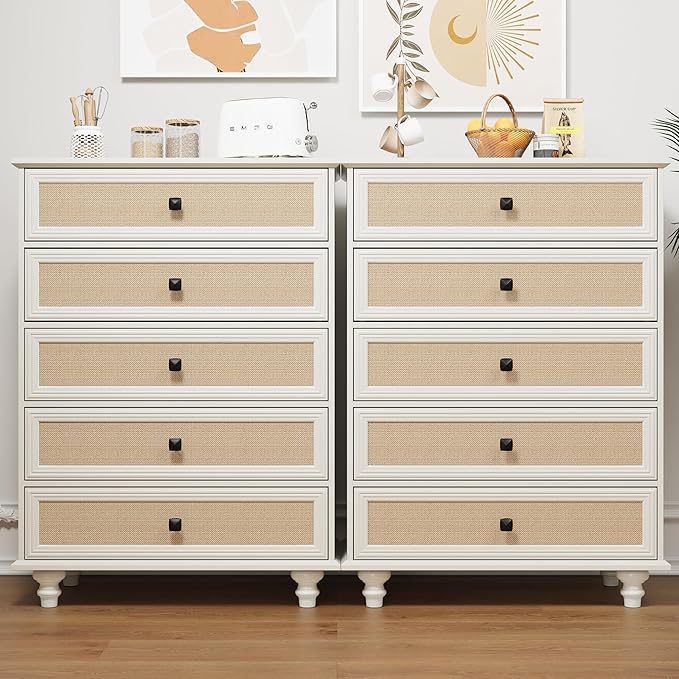 10 Drawer Dresser for Bedroom, Mid Century Modern Wide Wood Rustic Chest of Drawers Wooden Storage Organizer Dressers with Burlap Rattan Drawers for Living Room, Hallway Closet, Entryway, Beige White