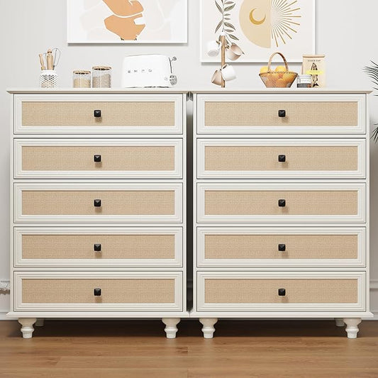 10 Drawer Dresser for Bedroom, Mid Century Modern Wide Wood Rustic Chest of Drawers Wooden Storage Organizer Dressers with Burlap Rattan Drawers for Living Room, Hallway Closet, Entryway, Beige White