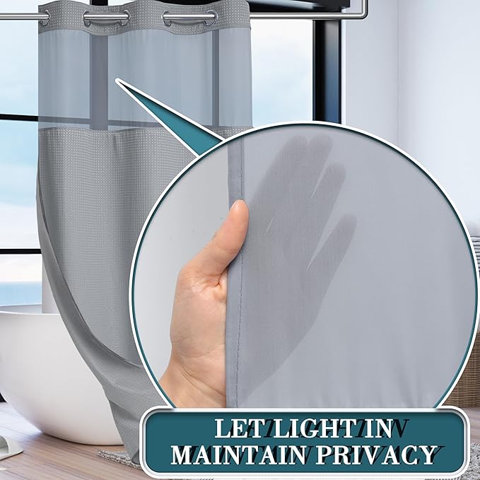 Conbo Mio Stall No Hook Waffle Weave Shower Curtain with Snap in Liner Set, Hotel Luxury Grey Shower Curtains for Bathroom with See Through Top Window, Waterproof, Washable 36W x 74H