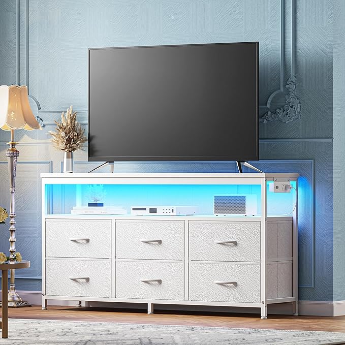 Huuger LED TV Stand for Bedroom, 47 Inch Dresser TV Stand for 43, 50, 55 Inch TV, White TV Stand with Storage, Entertainment Center with Power Outlets, 6 Drawer Fabric Dresser for Living Room