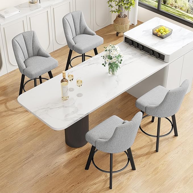 Swivel Bar Stools with Backs, 24" Counter Height Barstools Set of 3, Fabric Upholstered Counter Bar Stools with Solid Wood Legs for Kitchen Island, Home Bar, Light Gray