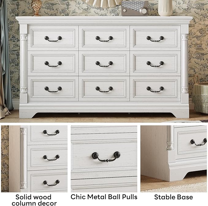 LIKIMIO Farmhouse Dresser for Bedroom with 9 Drawers, 58" Wide Wood Chest of Drawers with Roman Column, Dresser TV Stand for 65", Closet Storage Dressers Organizer for Bedroom, Living Room, Hallway