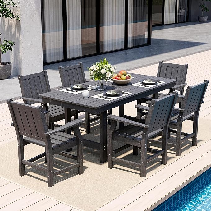 7-Piece HDPE Outdoor Dining Set, Wood-Like Design Outdoor Table and Chairs with Elegant Armrest, All-Weather Patio Table and Chairs Set with Umbrella Hole for Porch, Poolside, Gray