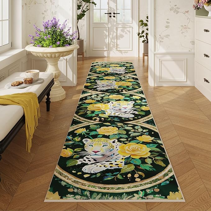 Runners for Kitchen Runner Rug Non Slip 2'x10' Long Washable Rugs with Rubber Backing Soft Retro Lavish Leopard Animal Carpet Runner for Kitchen, Laundry, Bedroom, Bathroom