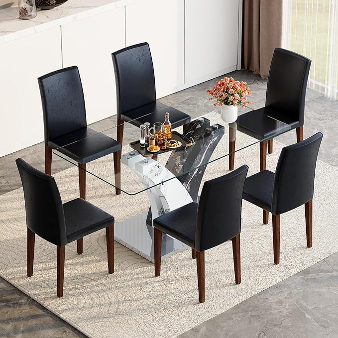 Glass Dining Table Set for 6, 63” Kitchen Table Set for 6, Modern Dining Room Table Set with Upholstered Chairs, Tempered Glass Tabletop with Y Shape Base