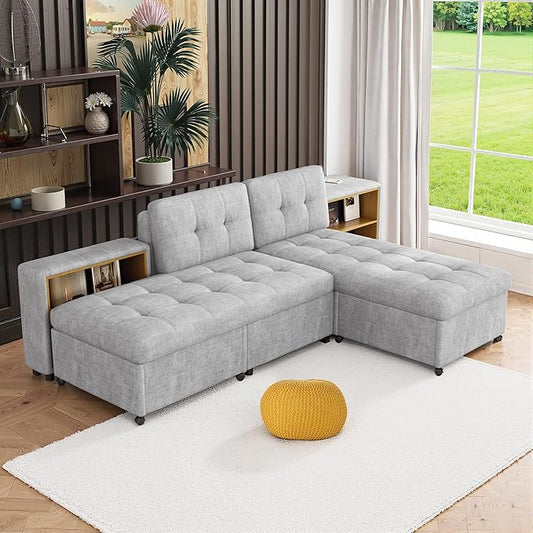 121.2" Sectional Couch, Versatile Sofa Bed Modular Sofa with Two Storage Racks, Sectional Couches for Living Room and Office, Grey