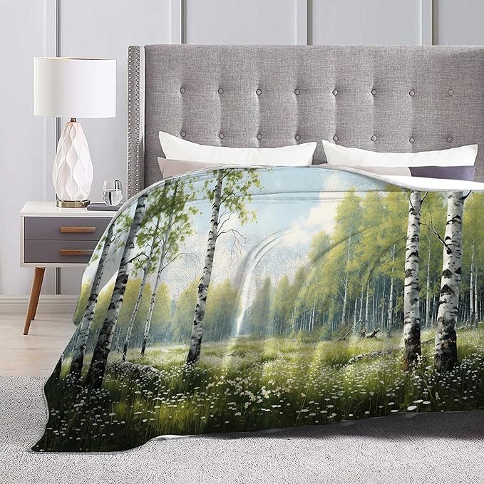 Forest Tree White Birch Landscape Throw Blanket for Women Men Girls Boys - Nature Scenery Decor Soft Warm Cozy Fleece for Couch Sofa Bed 60"x50"