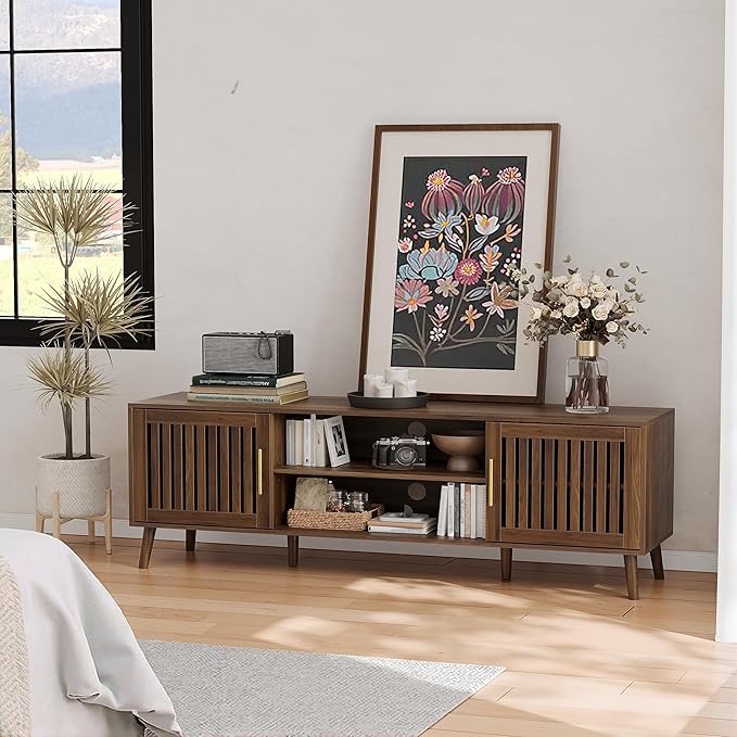 63" TV Stand, Mid-Century Modern Media Console with 2 Louvered Doors, Adjustable Shelves, Entertainment Center with Golden Handles for Living Room, Bedroom, Walnut
