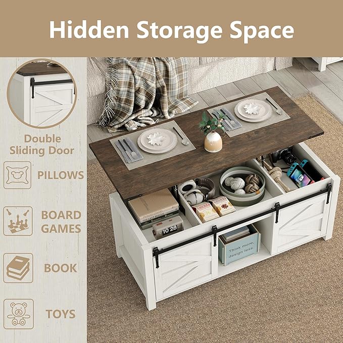 47.3'' Lift Top Coffee Table with Storage, Modern White Coffee Table with Sliding Barn Doors, Farmhouse & Rustic Rectangle Center Table for Living Room, Office, Brown Top