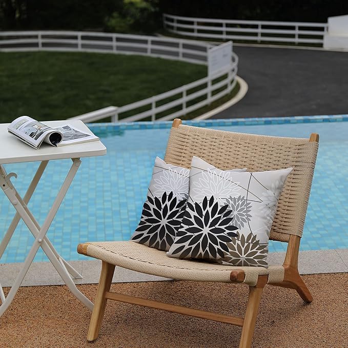 Black Brown Outdoor Pillow Covers 18x18 Inch Set of 2 White Gray Flower Throw Pillows Farmhouse Outdoor Modern Floral Polyester Square Cushion Case Decor for Sofa Patio Funiture Garden 01A18