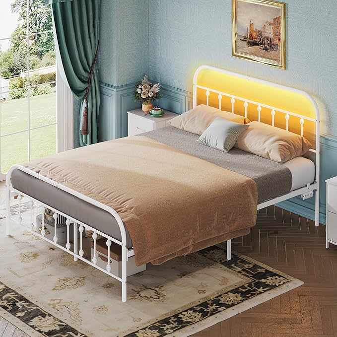 WLIVE Queen Bed Frame with Headboard, Bed Frame Queen Size with LED Lights and Charging Station, Metal Bed Frames with Storage, White