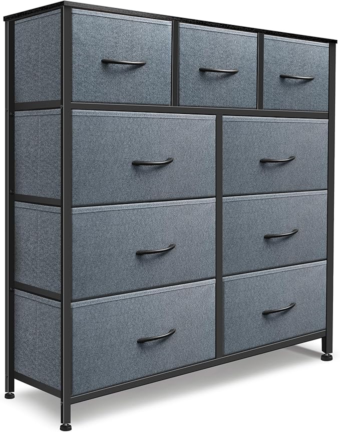 Dresser for Bedroom with 9 Drawers, Chest of Drawers, Storage Drawers Organizer Unit, Grey Wide Fabric Dresser with Fabric Bins for Closet, Living Room, Entryway (Grey and Charcoal Black)