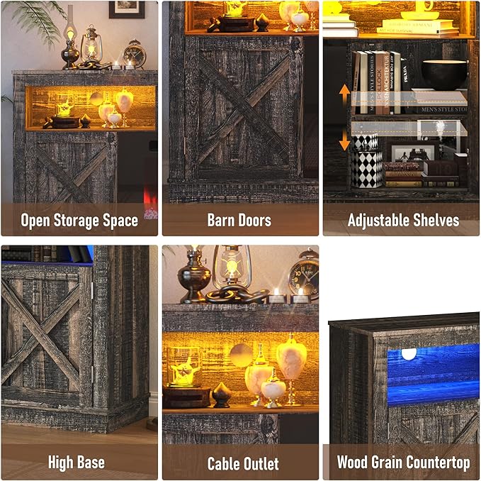 Farmhouse TV Stand with 36" Fireplace for 80" TV, 70" Fireplace Entertainment Center with Barn Doors and LED Light, Tall Fireplace TV Stands for Living Room, Dark Rustic Oak