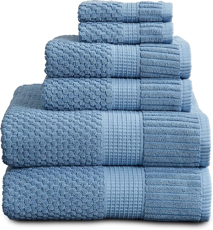 NY Loft 100% Cotton Towel Set 6 Piece | Super Soft & Absorbent Quick-Dry 2 Bath Towels 2 Hand Towels and 2 Washcloths |Textured and Durable Cotton | Trinity Collection (6 Piece Set, Blue Shadow)