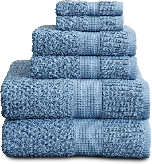 NY Loft 100% Cotton Towel Set 6 Piece | Super Soft & Absorbent Quick-Dry 2 Bath Towels 2 Hand Towels and 2 Washcloths |Textured and Durable Cotton | Trinity Collection (6 Piece Set, Blue Shadow)