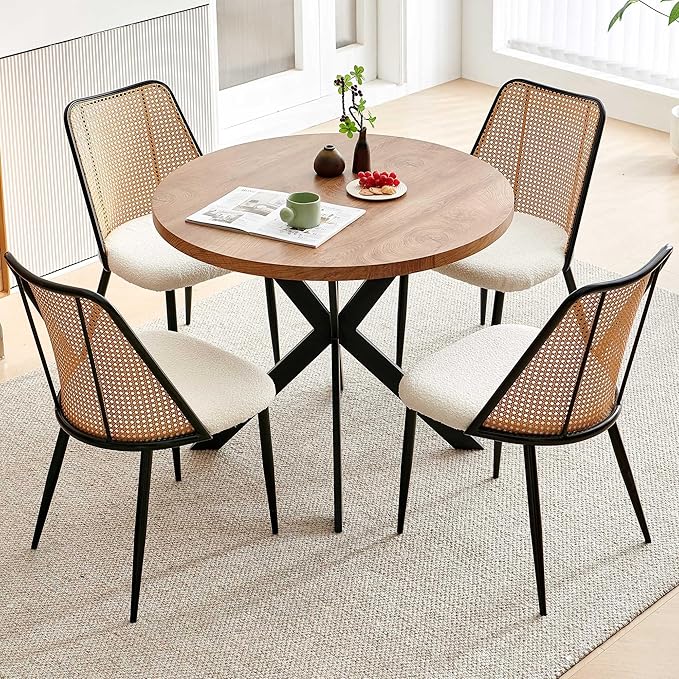 NORDICANA Dining Table Set for 4, Wooden Round Table and Wicker Chairs, 5-Piece Modern Kitchen Dinette Set for Breakfast Nook, Beige Boucle Seat