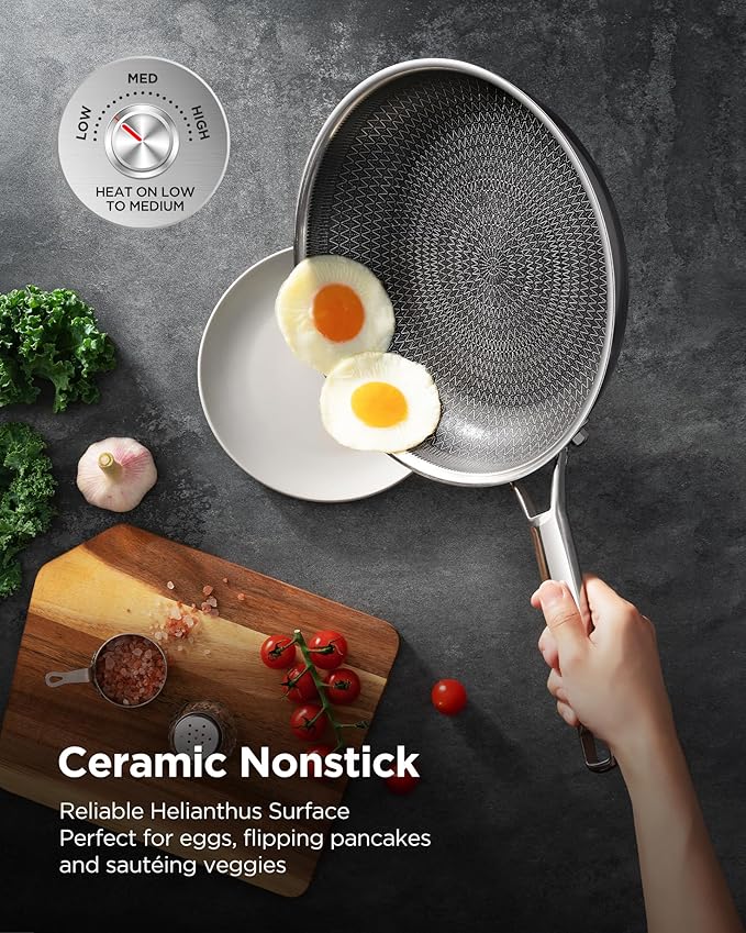 Non Stick Frying Pans Hybrid Ceramic With Lid, 12 Inch Tri-Ply Stainless Steel Skillet, Non-Toxic, PFAS/PFOA/PTFE Free, Metal Utensil Safe, Dishwasher & Oven Safe, Induction Compatible