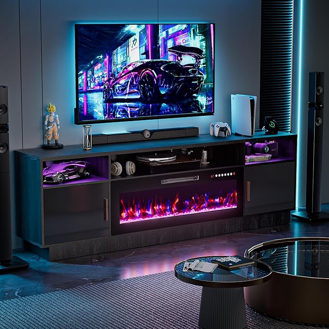 Ludatido 80 Inch Premium TV Stand with 36 inch Electric Fireplace 27 Inch high LED Light Entertainment Center Easy to Assemble for TVs Up to 90'' with USB&AC Power Interface White