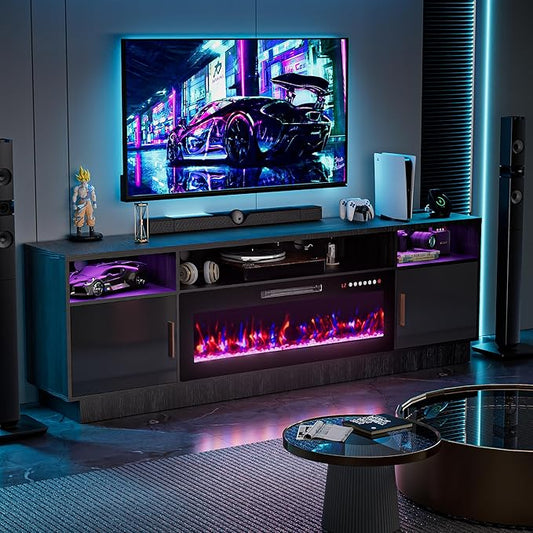 Ludatido 80 Inch Premium TV Stand with 36 inch Electric Fireplace 27 Inch high LED Light Entertainment Center Easy to Assemble for TVs Up to 90'' with USB&AC Power Interface White