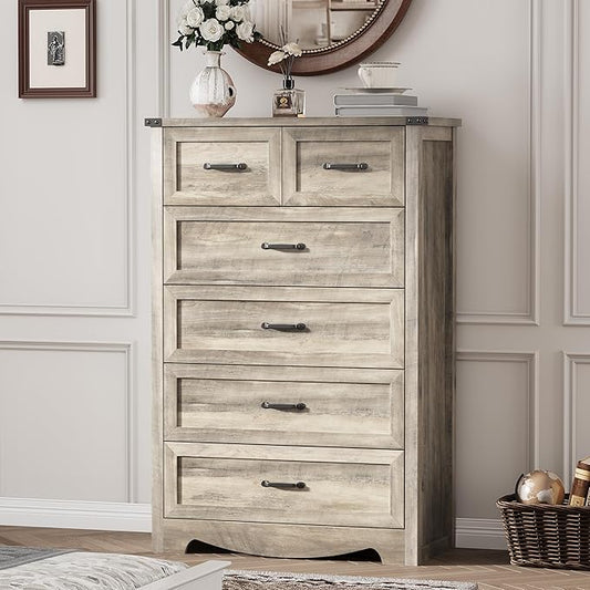 Dresser for Bedroom with 6 Drawers, 46" Tall Wood Chest of Drawers with Deep Drawers & Mental Handle, Modern Dresser TV Stand, Wooden Closet Storage Organizer for Living Room, Hallway, Entryway, Grey