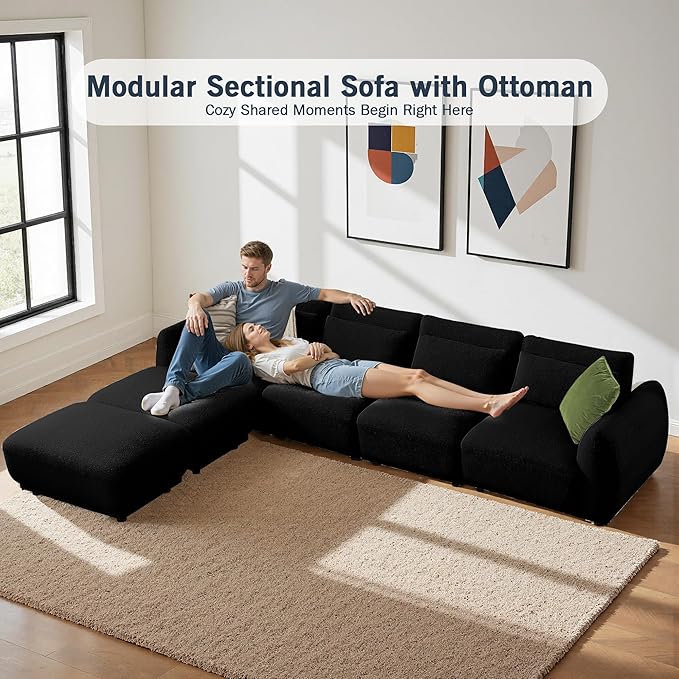 Sectional Sofa Couch, Modern Convertible U Shaped Sectional Couch with Ottoman, Modular Sectional Sofa Cloud Couches for Living Room (Black, 4 Set + 2 Ottoman)