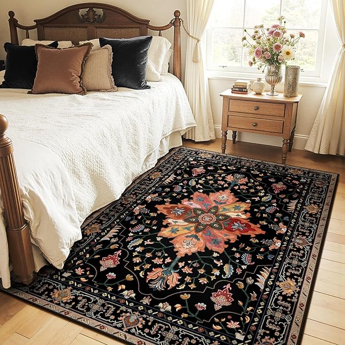 Area Rugs 5'x7' Washable Non-Slip, Floral Vintage Distress Print Pattern Medallion Carpet for Living Room Bedroom Dining Room, Black Colorful Floral Dark Tan